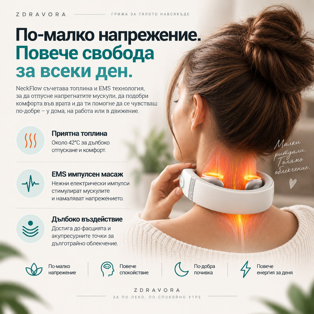 Жена използва ZDRAVORA NeckFlow EMS масажор за врат с топлина за отпускане на напрежението