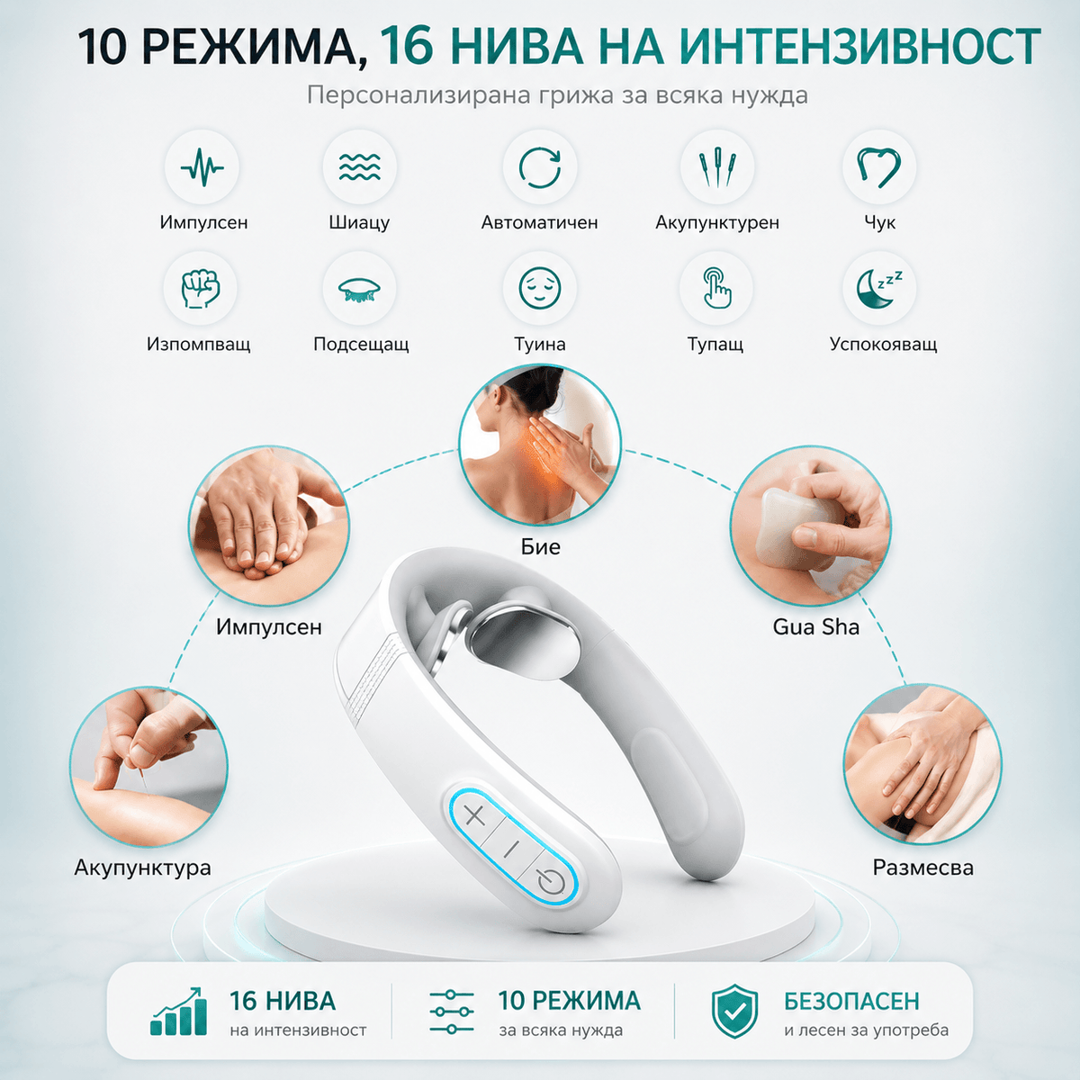 ZDRAVORA NeckFlow EMS масажор за врат с 10 режима и 16 нива на интензивност