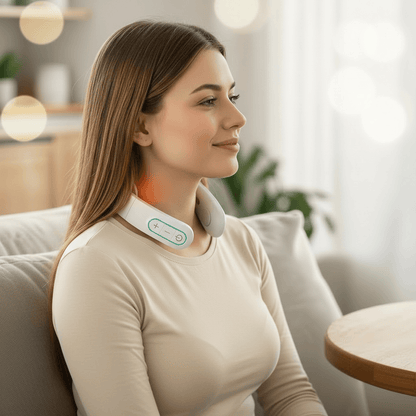 Жена носи бял електронен масажор за врата ZDRAVORA NeckFlow с отопление и EMS импулси, демонстриращ модерна технология за релаксация и облекчаване на болка.